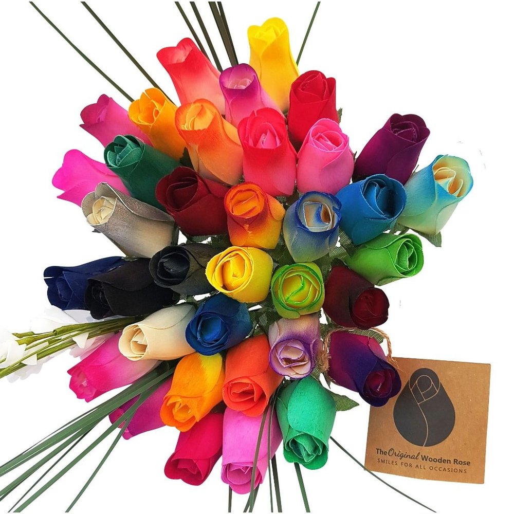 3 Dozen Vibrant Assorted Colors Flower Bouquet. The Original Wooden Rose.